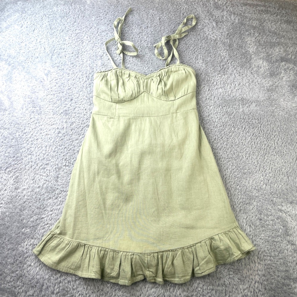 Hollister Mini Dress Women M Sage Smocked Tie Strap Milkmaiden Boho‎ Linen Blend